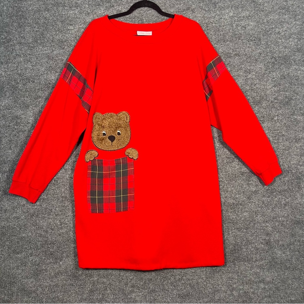Vintage Red‎ Plaid Longsleeve Teddy Bear Christmas Nightgown Sweater Dress